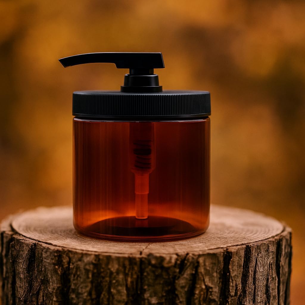 Royal Massage 16oz Refillable Pump Jar with Locking Dip Tube Dispenser – BPA-Free Plastic Container for Massage Oils, Lotions, Creams – Ribbed Lid Wide-Mouth Jar – Durable & Reusable (Amber/Black, 3)