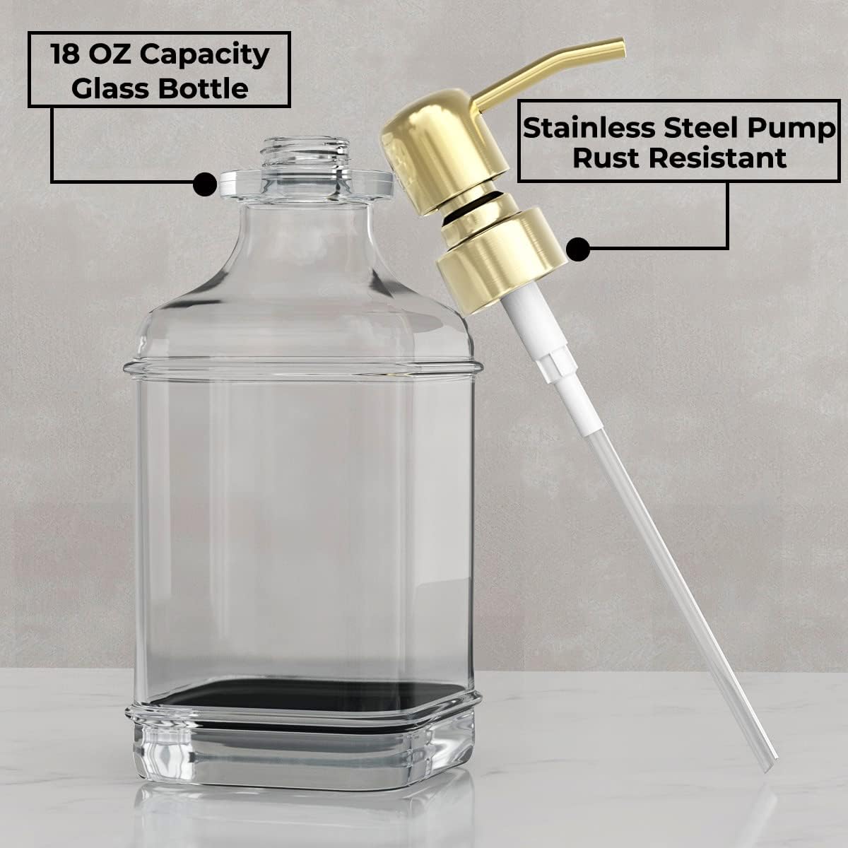 GLADPURE Soap Dispenser - 2 Pack, 18 Oz Antique Design Thick Glass Hand Soap Dispensers; with 304 Rust Proof Stainless Steel Pump, 6Pcs Clear Stickers, for Kitchen, Bathroom - Gold