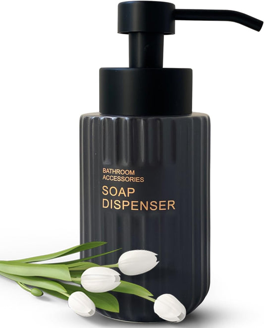 11.5 Oz Foaming Soap Dispenser for Bathroom,Kitchen Foam Soap Dispenser,Refillable Modern Foam Pump Bottle,Black Ceramic Foaming Hand Pump Dispenser (Black Stripe)