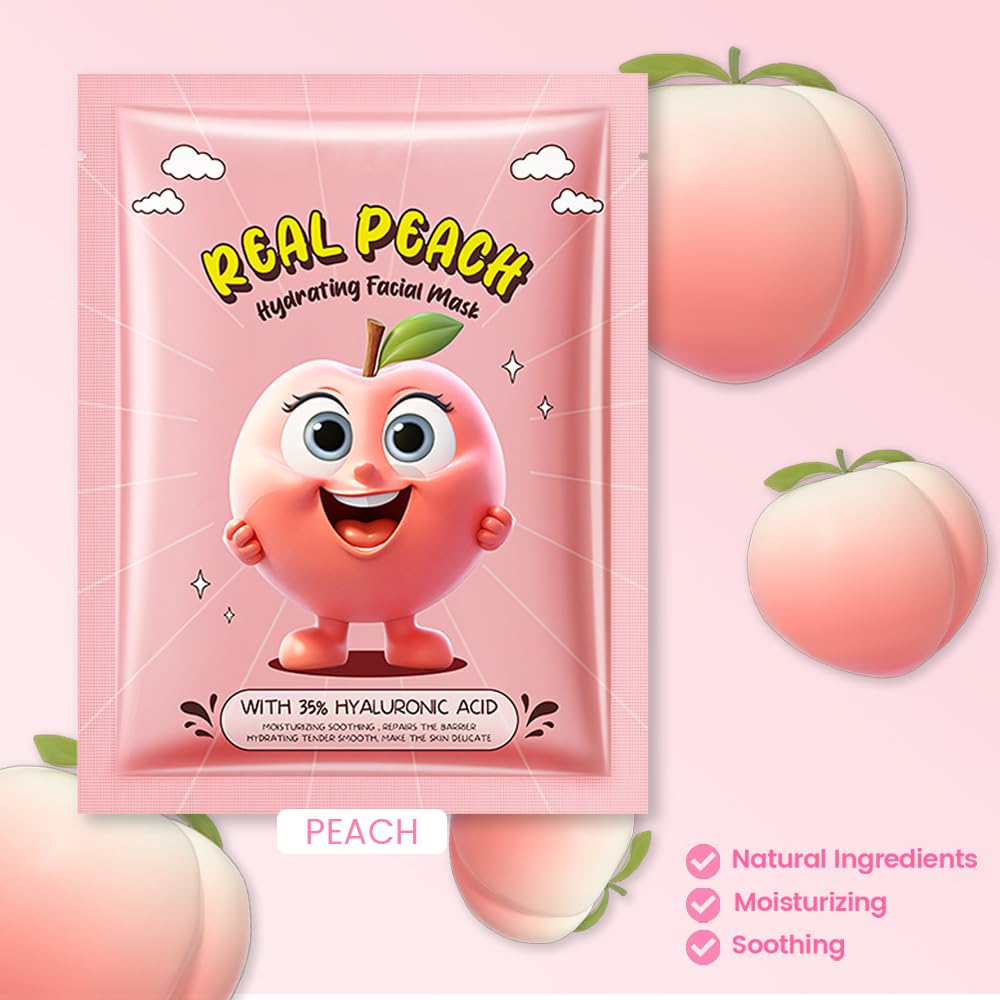 8 Pack Peach Kids Face Mask,Pink Face Masks Skincare Spa Day Kit Supplies,Spa Party Favors for Teens Girls Women,Sheet Facial Mask Skincare Gifts Set,Moisturize Soothe for All Skin Types