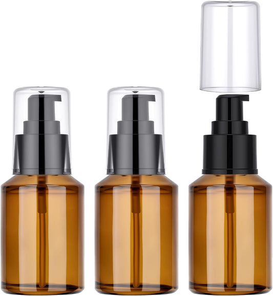 Segbeauty 2oz Refillable Glass Travel Bottles for Toiletries, 3pcs Amber Lotion Pump Bottles Empty, 60ml Mini Travel Lotion Container, Small Liquids Container Bottle Pump Dispener for Creams Oils