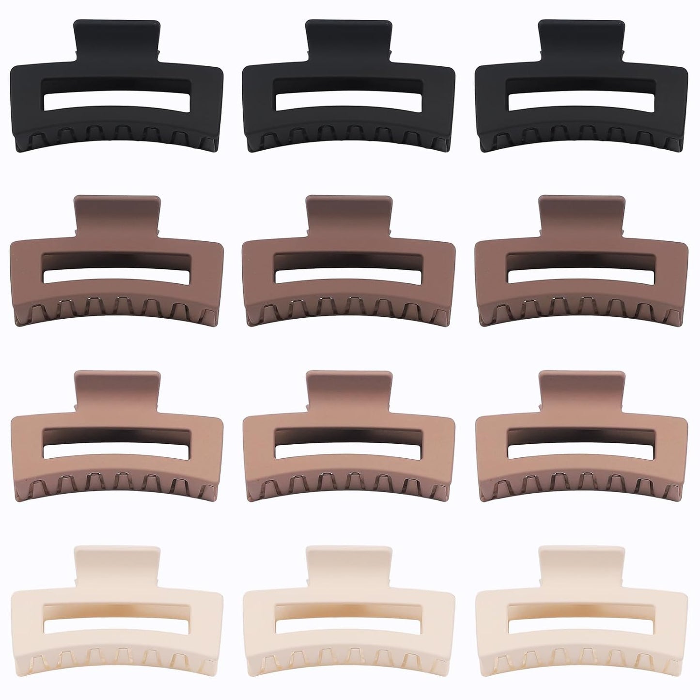 Hair Claw Clips, 3.5 Inch Medium Square Jaw Clips 12 Pcs for Thick and Thin Hair - Matte Black, Dark Brown, Light Brown, Bulk Hair Accessories