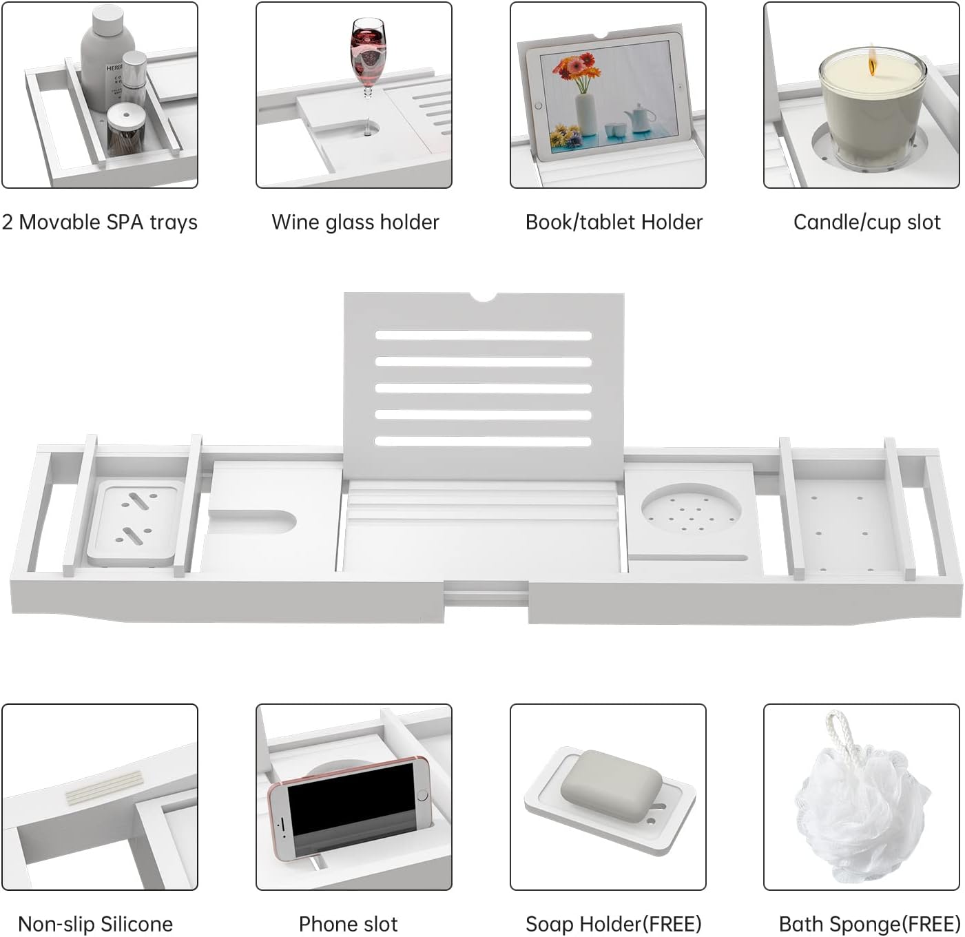 Zhuoyue Bamboo Bathtub Tray, Expandable Premium Bath Tray for Luxury Bathroom, Adjustable Bath Accessories for Tub with Soap Towel Book Holder, Extendable 29.5-43.3" White