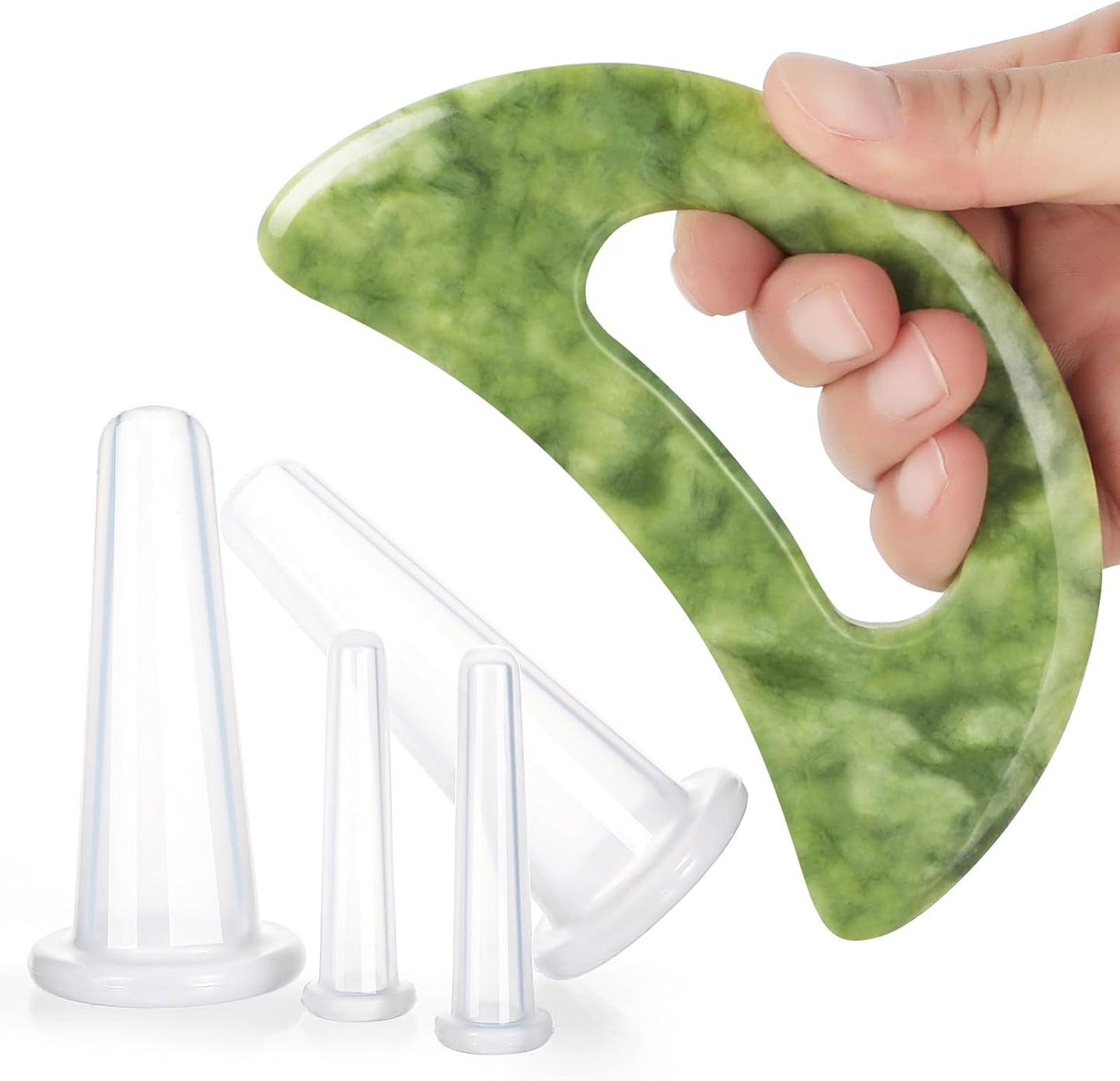 airogym Jade Stone Gua Sha Massage Tool, 4 Pcs Transparent Massage Cupping Facial Cups, Body GuaSha Cupping Tool Muscle Scraping Massage Facial Anti Cellulite Tools for Neck Face, Lymphatic Drainage
