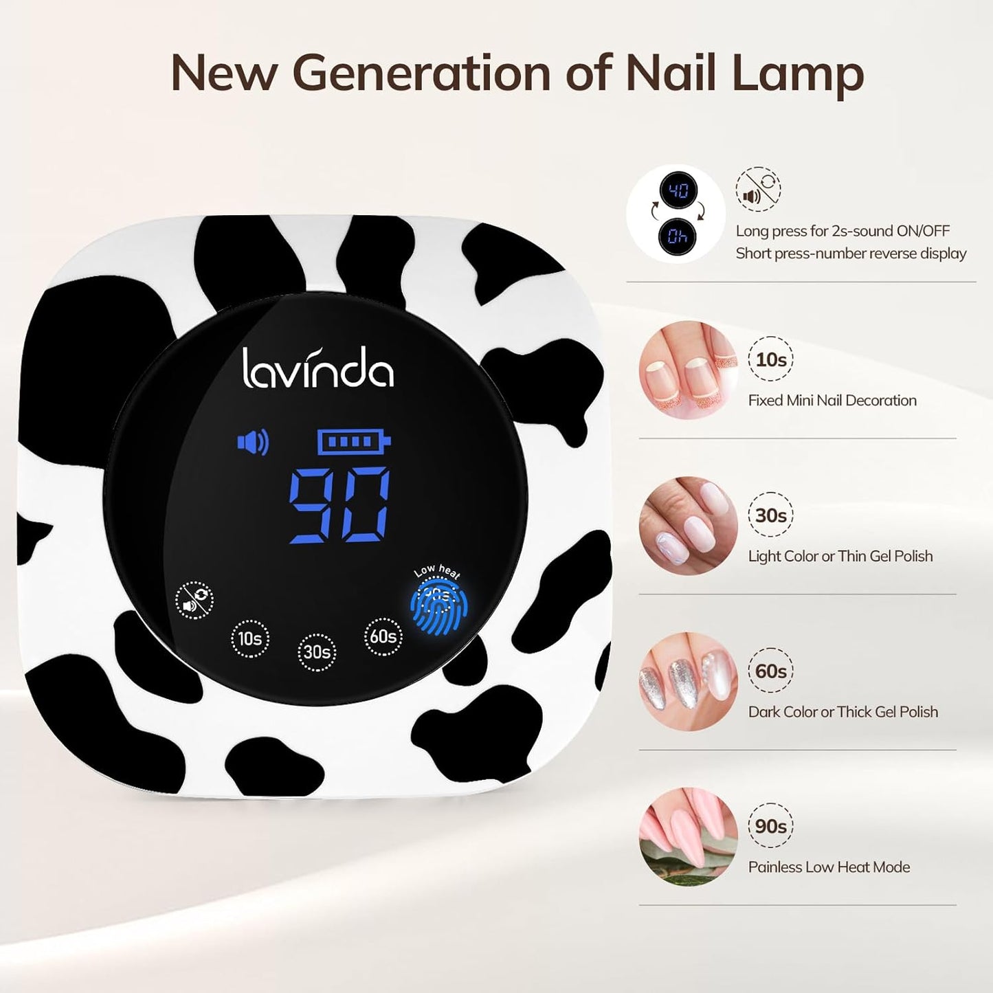 Lavinda LED Nail Lamp UV Light for Gel Nails Cordless Rechargeable UV Lamps Nail Light with 4 Timer, 2X Faster Professional Gel Polish Curing Nail Dryer for Salon Use-Cow Print