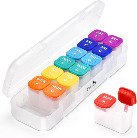 Fullicon Moisture-Proof Pill Organizer 2 Times a Day, Weekly Pill Boxes & Organiser with Silicone Lids, Large Capacity AM PM Pill Organizer 7 Day, Travel Pill Case for Vitamins (Clear Rainbow)