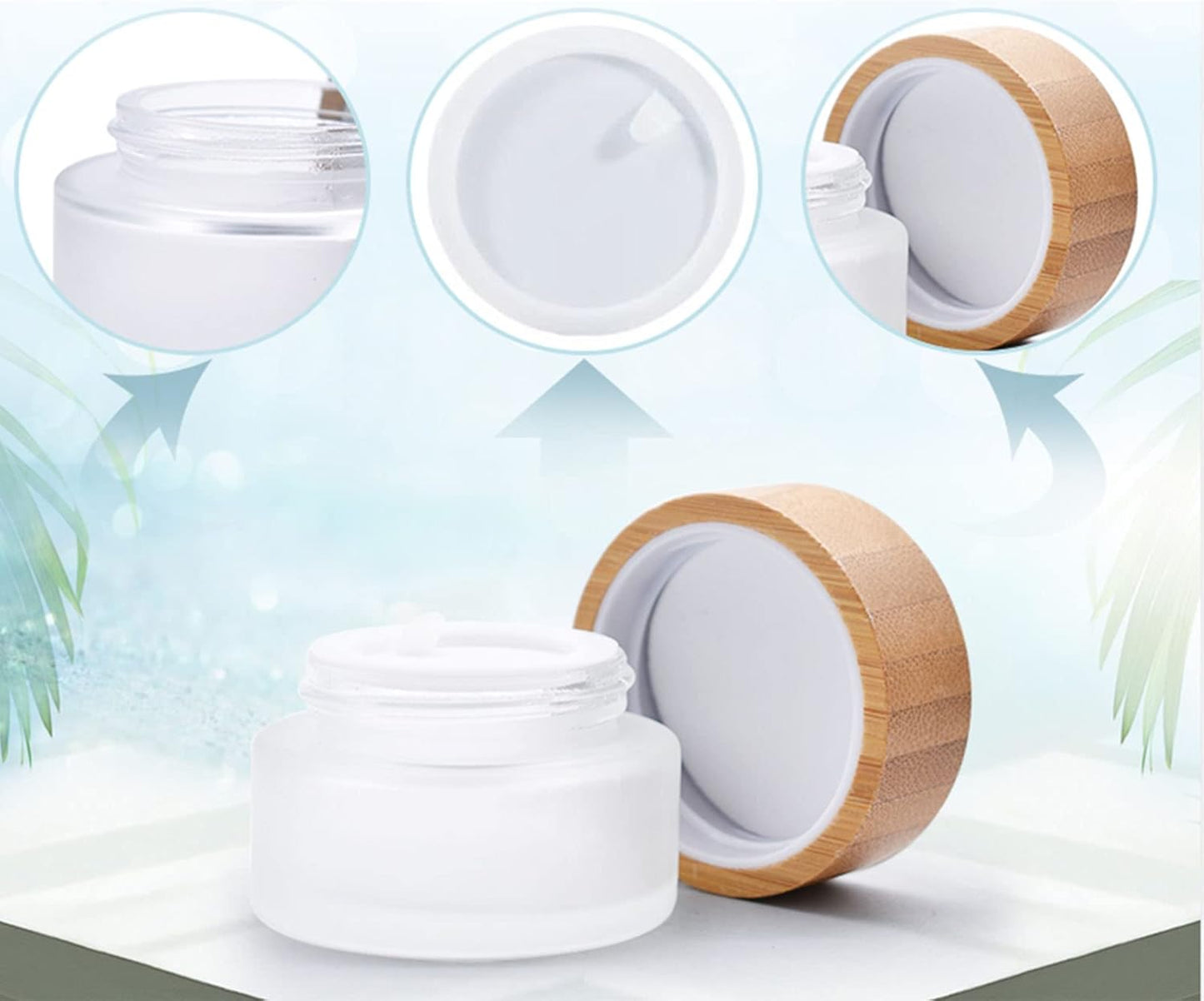 2 Pack 100ml Frosted Glass Cream Jars with Bamboo lids,Wide Mouth Makeup Sample Storage Pot Dispenser Bottles for travel Jars Face Eye Shadow (100g)