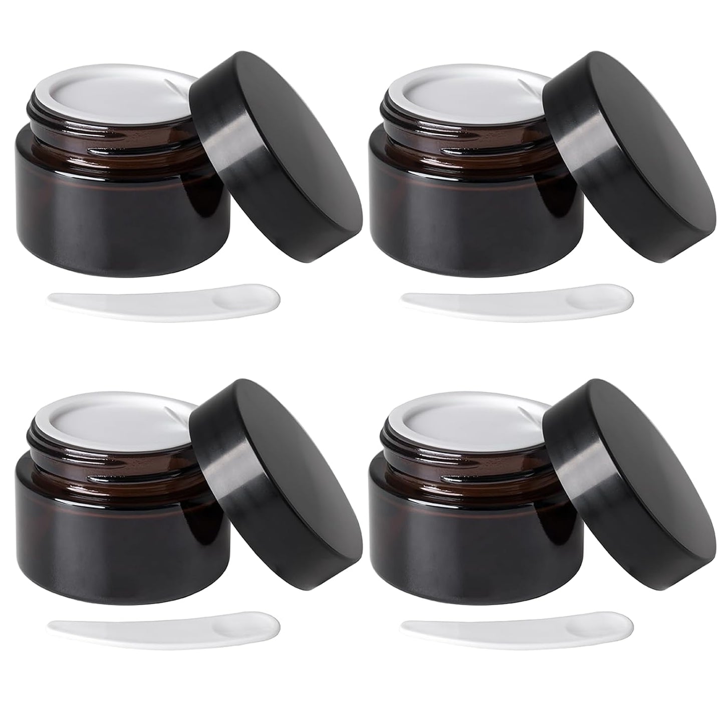 OverNews 4pcs 1oz Amber Glass Jar, Empty Cosmetic Lotion Containers,with Inner Liners,Black Lid, Spatula