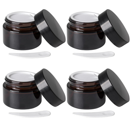 OverNews 4pcs 1oz Amber Glass Jar, Empty Cosmetic Lotion Containers,with Inner Liners,Black Lid, Spatula