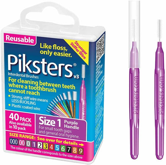 Piksters Interdental Brushes, 40 pk, Size 1, Interdental Tooth Brush for Tight Gaps, Gum Soft Bristles for Plaque Removal, Safe for Braces