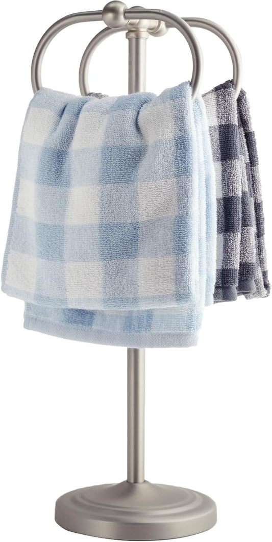 17 Inch Stainless Steel Hand Towel Holder Double Stand Hand Towel Ring for Washcloths or dishcloths Non-Slip Base Free Standing Towel Rack for Bathroom Kitchen (Brushed)