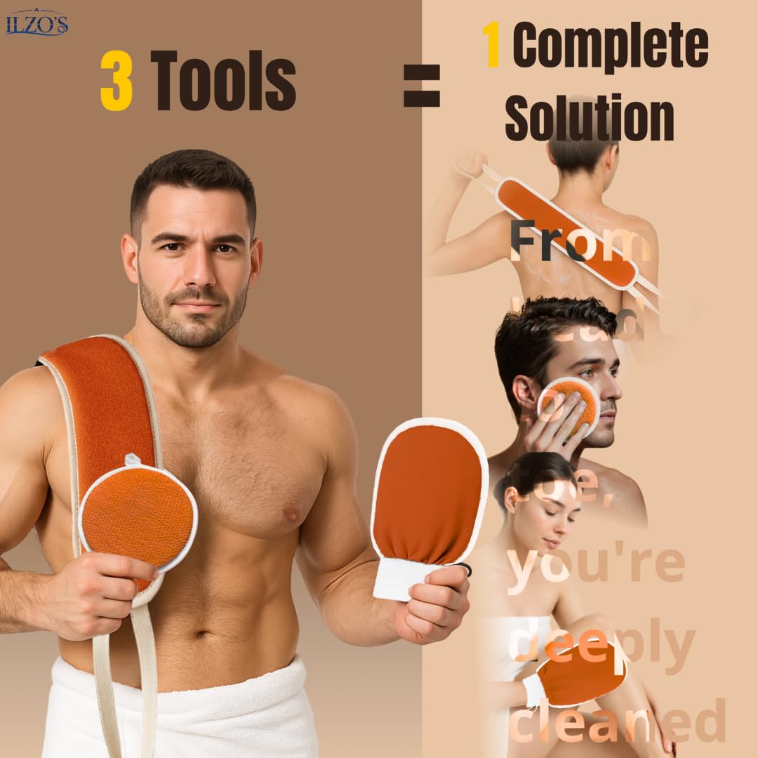 Original Moroccan Kessa Exfoliating Glove Set (ILZO’S) – 3-Piece Hammam Mitts for Face, Body & Back – Deep Skin Cleansing & Dead Skin Removal – Reusable Natural Exfoliator – Assorted Colors (ORANGE)