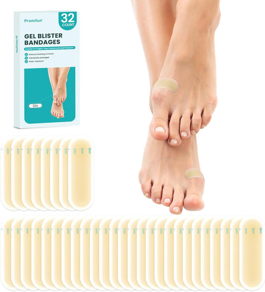 Waterproof Hydrocolloid Blister Bandages - Gel Pads for Foot, Toe Healing & Prevention (32ct, Spot Pack)
