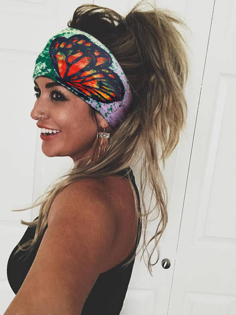 Butterfly Boho Headbands for Women Wide Headband Printed Head Wraps Thick Hairbands Large African Sport Yoga Turban Hair Bands Accessories (Pack of 4)