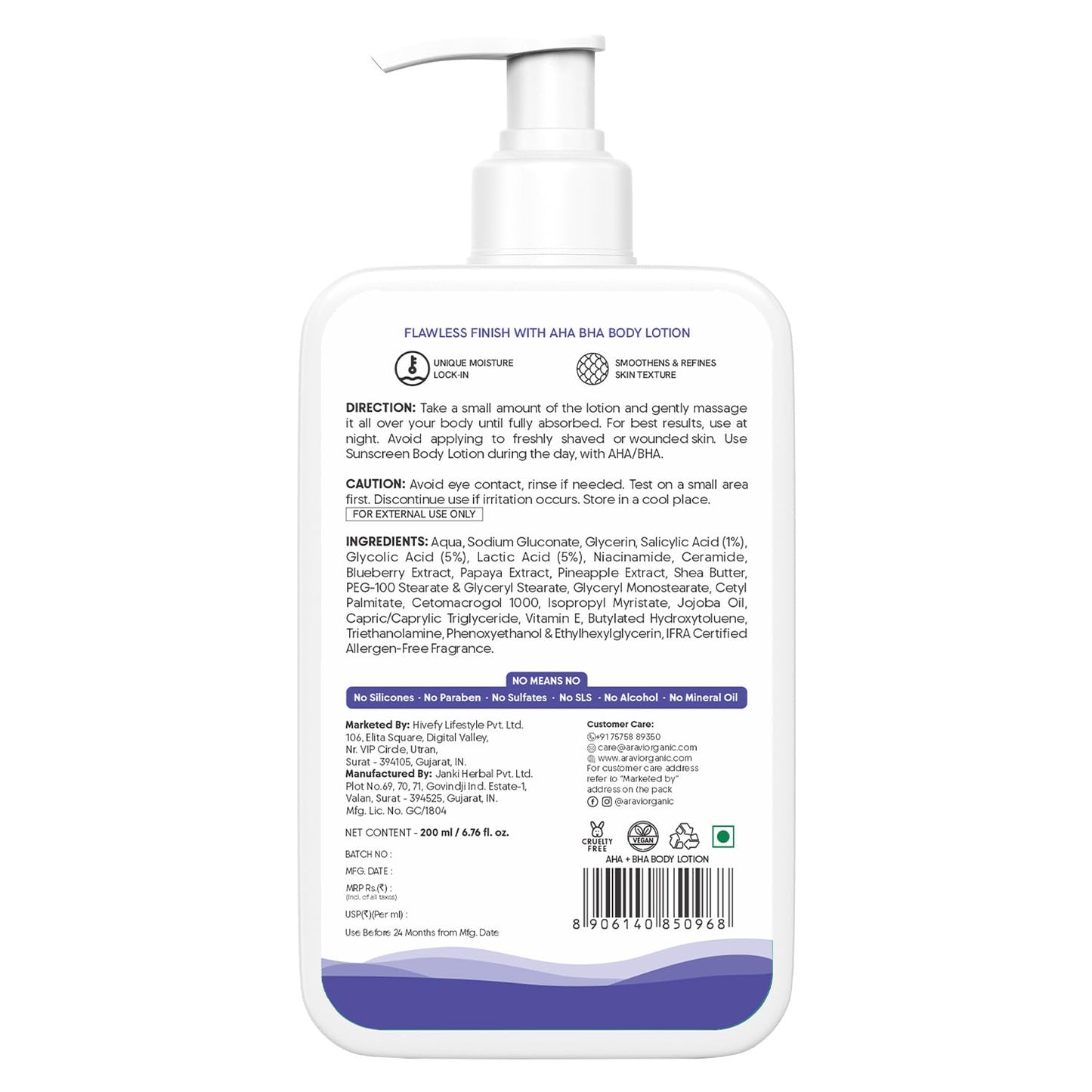 Aravi Organic 10% AHA + 1% BHA Exfoliating Body Lotion - Glycolic & Lactic Acid Body Lotion with Niacinamide - Smooths Rough & Bumpy Skin with Anti-Aging - 6.76 Fl Oz / 200ml