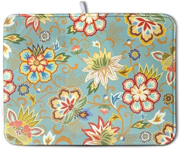 Boho Floral Kitchen Dish Drying Mat for Dishes 18x24 Inch Vintage Mandala Colorful Flowers Drying Mat Green Bohemian Dish Drainer Mat Super Absorbent Dish Rack Pad for Coffee Bar Sinks