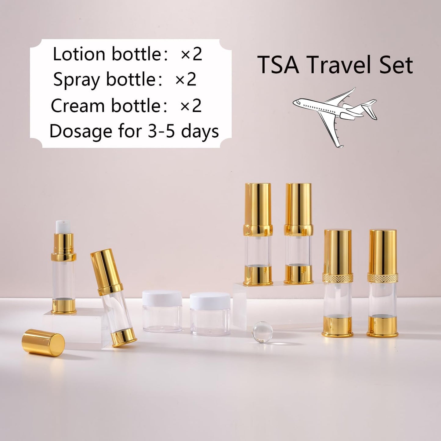 Golden Airless Pump Bottle Travel Set with Box Refillable Cosmetic Vacuum Pump Bottle Such as Hand Soap,Toner,Foundation,Hair Oil,Lotion and Cream (Golden, 5ml-10ml-20g)