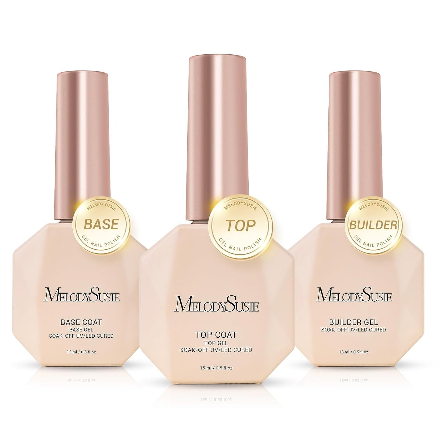 MelodySusie No Wipe Glossy Top Coat Base Coat Builder Gel 019 Set Long Lasting Shine Finish Soak Off UV LED Nail Lamp Nail Art Design Manicure Kit Perfect Gifts for Women Girls 3 Pcs 15ml