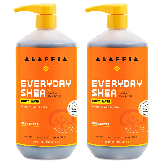 Alaffia Everyday Shea Body Wash, Naturally Helps Moisturize and Cleanse Without Stripping Natural Oils with Fair Trade Shea Butter, Neem, and Coconut Oil, Unscented, 2 Pack - 32 Fl Oz Ea