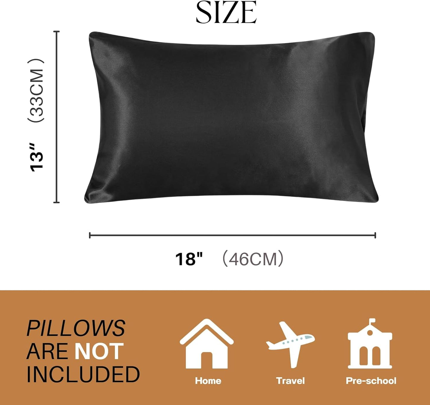 Silky Satin Toddler Pillowcases Set of 2, Super Soft Travel Pillow Covers, Small Kids Pillow Cases with Envelope Closure, 13"x 18", Black