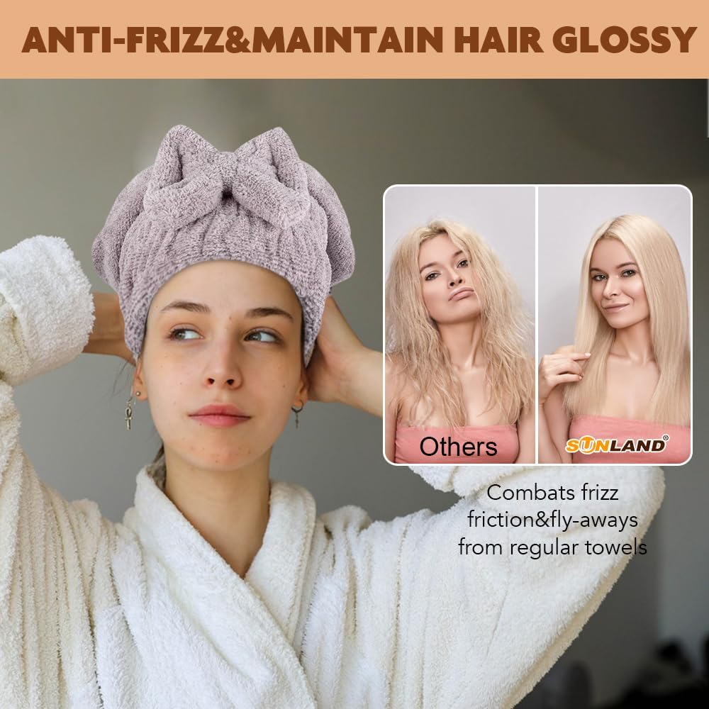 SUNLAND Large Microfiber Hair Drying Caps with Bow knot Fast Drying Shower Cap Soft and Absorbent hairWrap Hair Turban Bath Caps for Curly Thick and wet Hair 11 X 13.4 inch 2 Pack Purple