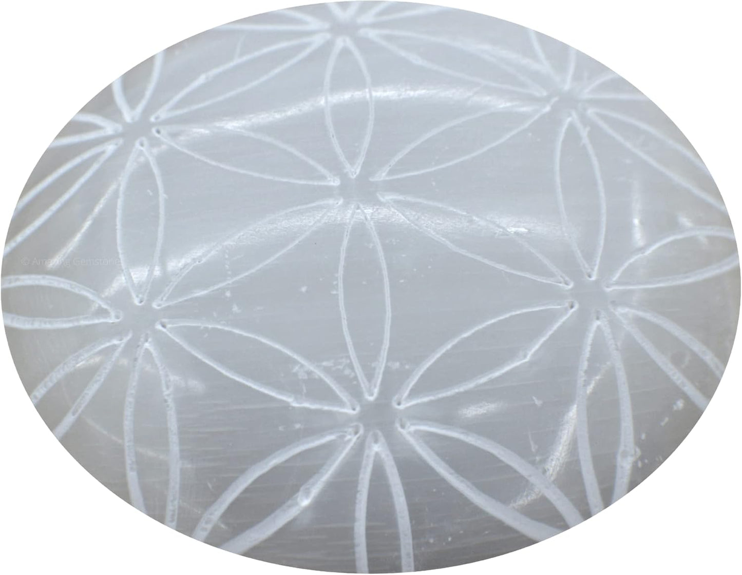Amazing Gemstone Selenite Palm Stone - Flower of Life Engraved Hot Massage Worry Stone for Natural Body Chakra Balancing, Reiki Healing and Crystal Grid