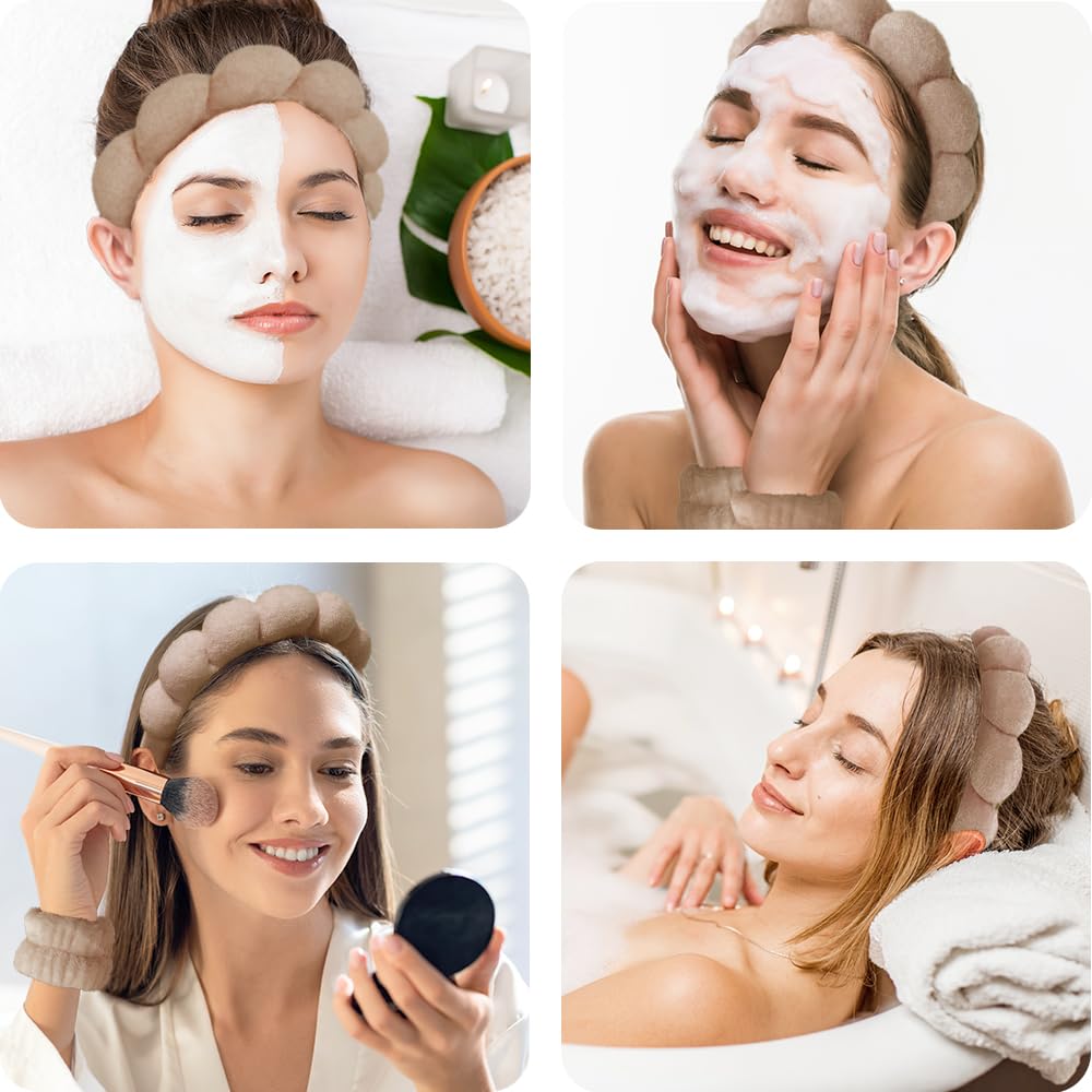 Spa Headbands for Washing Face Wristband Set Sponge Makeup Skincare Headband Wrist Towels Bubble Soft Terry Towel Cloth Hairband for Women Puffy Headwear Non Slip Thick Thin Hair Headwear (Coffee)