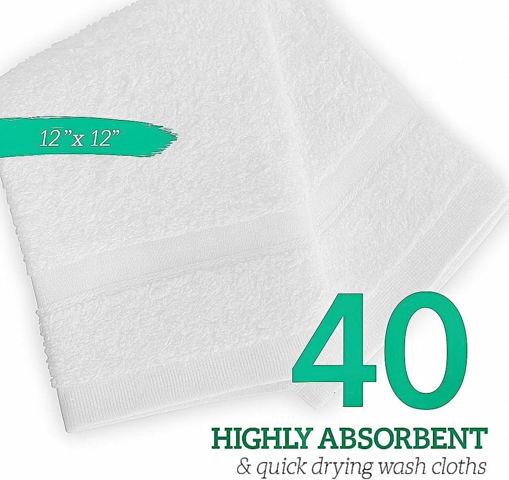 GREEN LIFESTYLE Bulk Washcloths 12x12 40 Pack - Face Towel, Wash Clothes for Body and Face - 100% Pure Cotton Wash Cloths for Your Body (White)