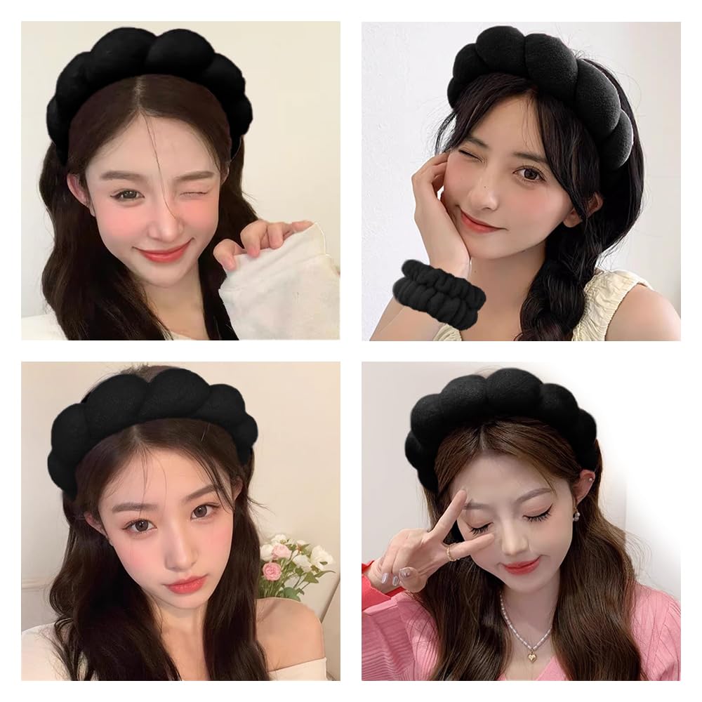 Spa Headbands for Washing Face Wristband Set Sponge Makeup Skincare Headband Wrist Towels Bubble Soft Terry Towel Cloth Hairband for Women Puffy Headwear Non Slip Thick Thin Hair Headwear (Black)