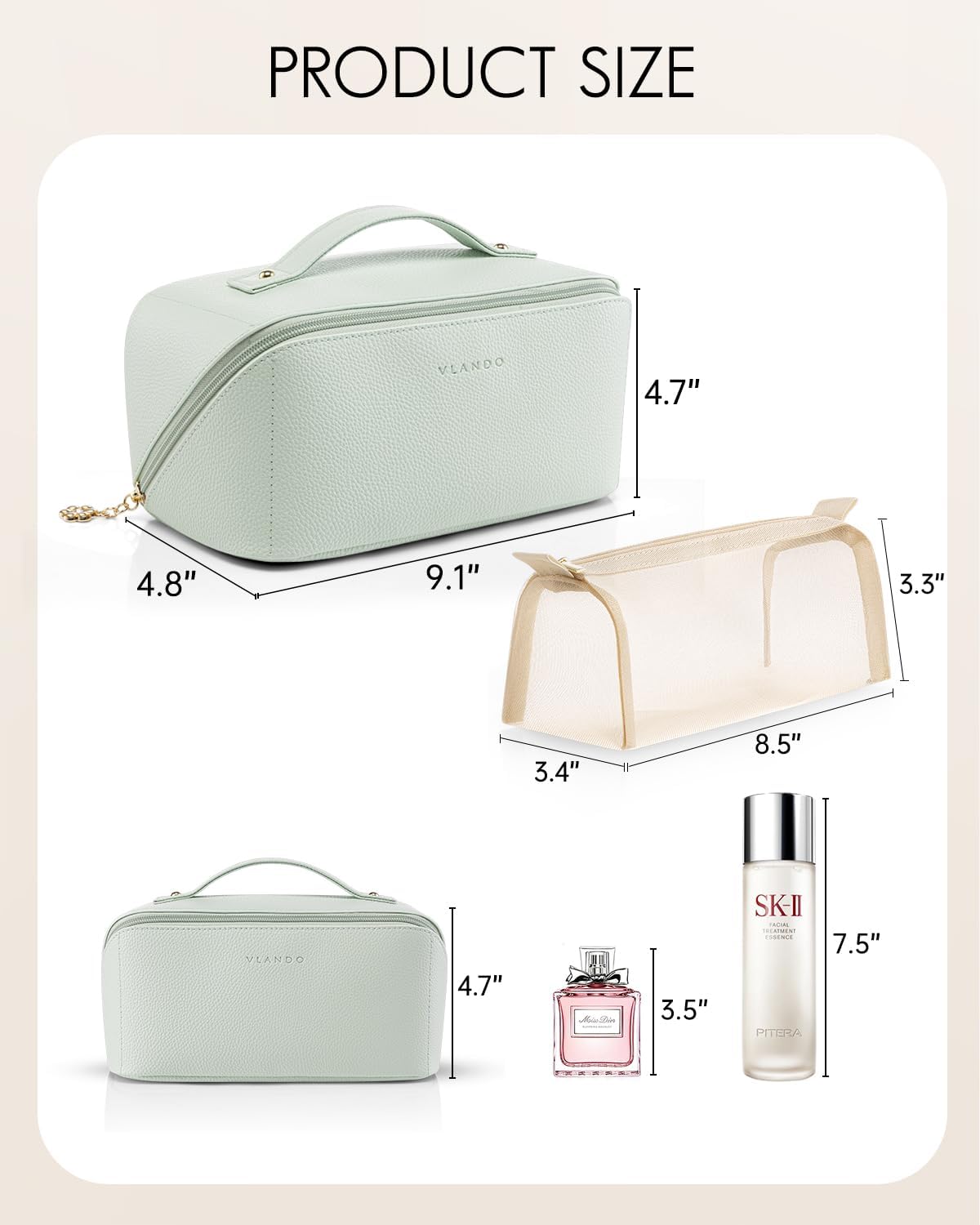 Vlando Makeup Bag,Large Capacity Toiletry Bag for Women Waterproof Portable Make up Pouch PU Leather Open Flat Cosmetic Bag(Mint Green)