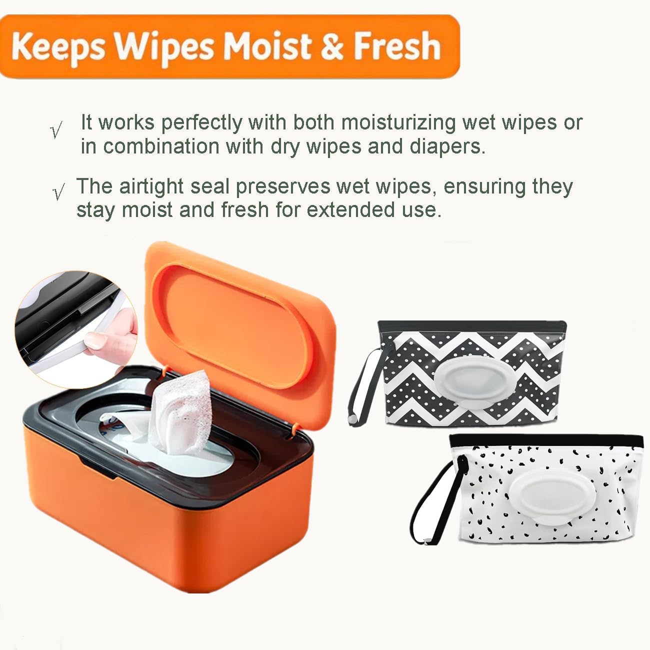 Wipes Dispenser with 2Pcs Portable Refillable Wipe Holder,Reusable Large Wipe Holder Box Flushable Wipes Case Bathroom Wipes Container for Pet Nursery Kitchen Office Counter(Orange-Black)