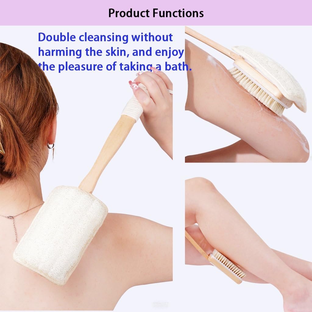 Shower Body Brush with Bristles and Loofah,Back Scrubber for Shower for Bath or Dry Brush,Back exfoliating Body Scrubber Shower Scrub Brush Long Handle for Women and Men