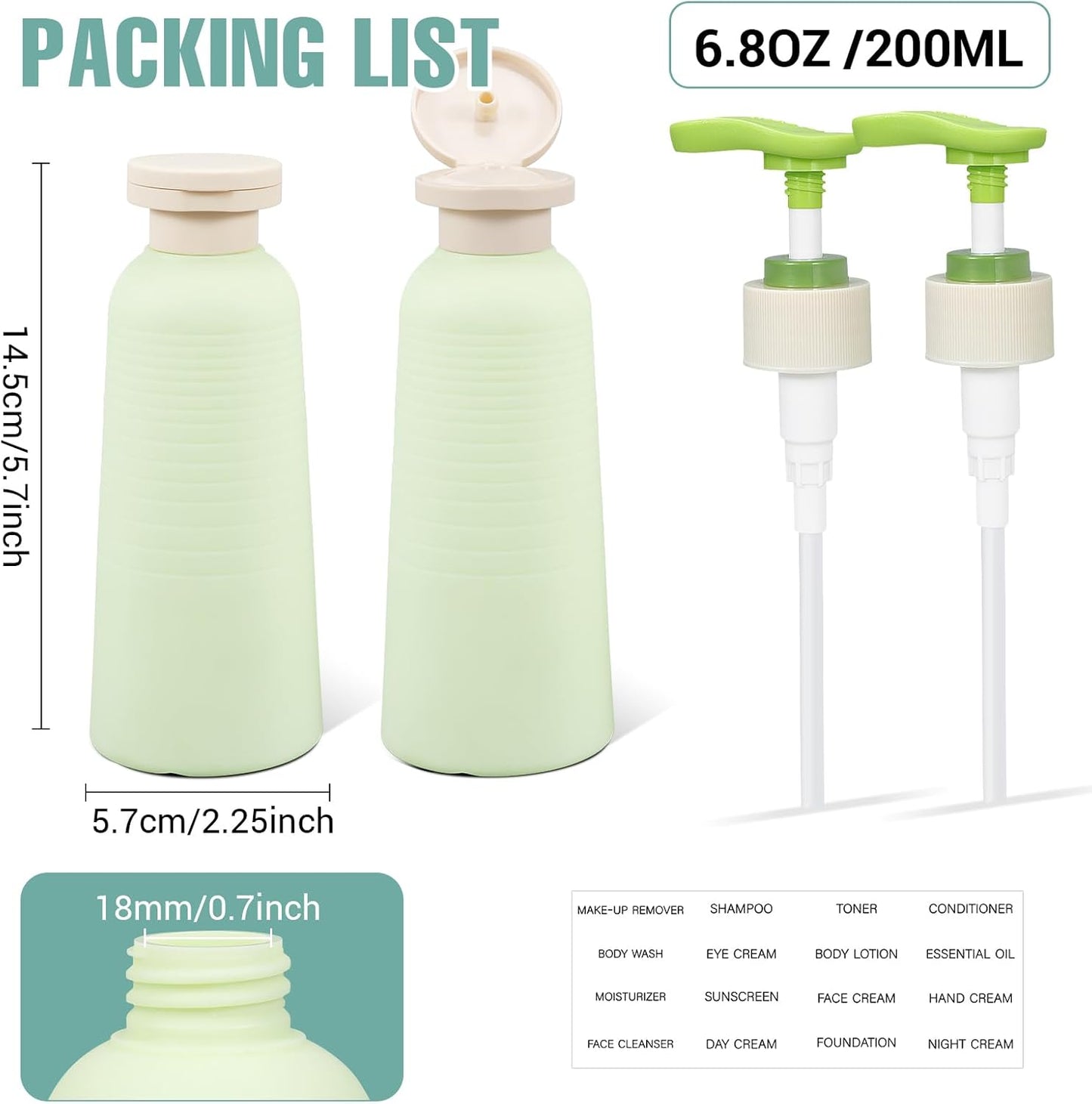 6.7oz Travel Shampoo Bottle with Flip Cap, Refillable Plastic Pump Bottles Dispenser for Soap, Shampoo, Lotions, Liquid Body Wash, Creams and Massage Oil (2Pack, 6.7oz/200ml)