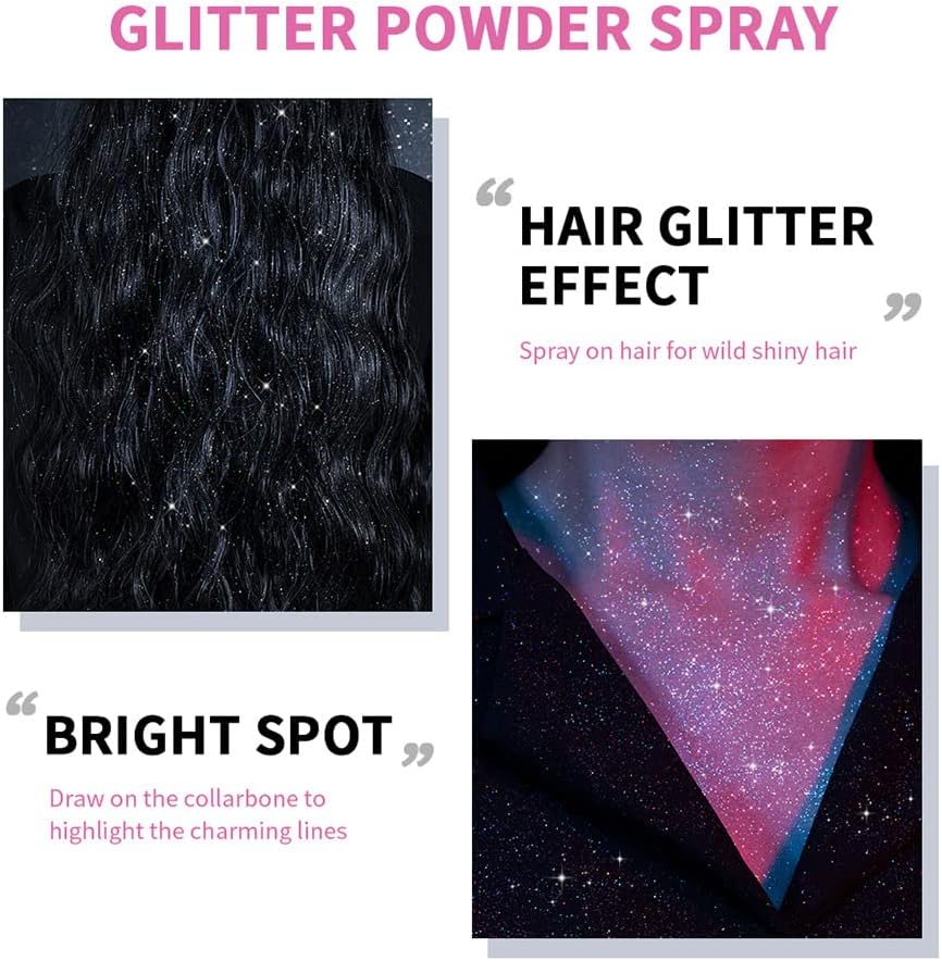Body Glitter Spray, Perfect Body Shiny for Music Festival Rave Stage Makeup Hair and Face Shimmer Glitter Spray. 2.11 Oz