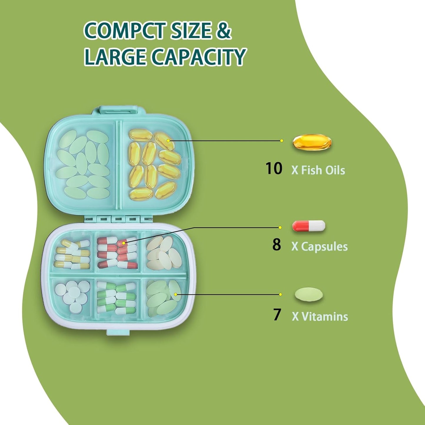 2-Pack 8-Compartment Travel Pill Organizer & Daily Pill Box | Leak-Proof Portable Medicine Container with 81 Replaceable Labels | Compact for Home, Office, Travel (Blue & Green)