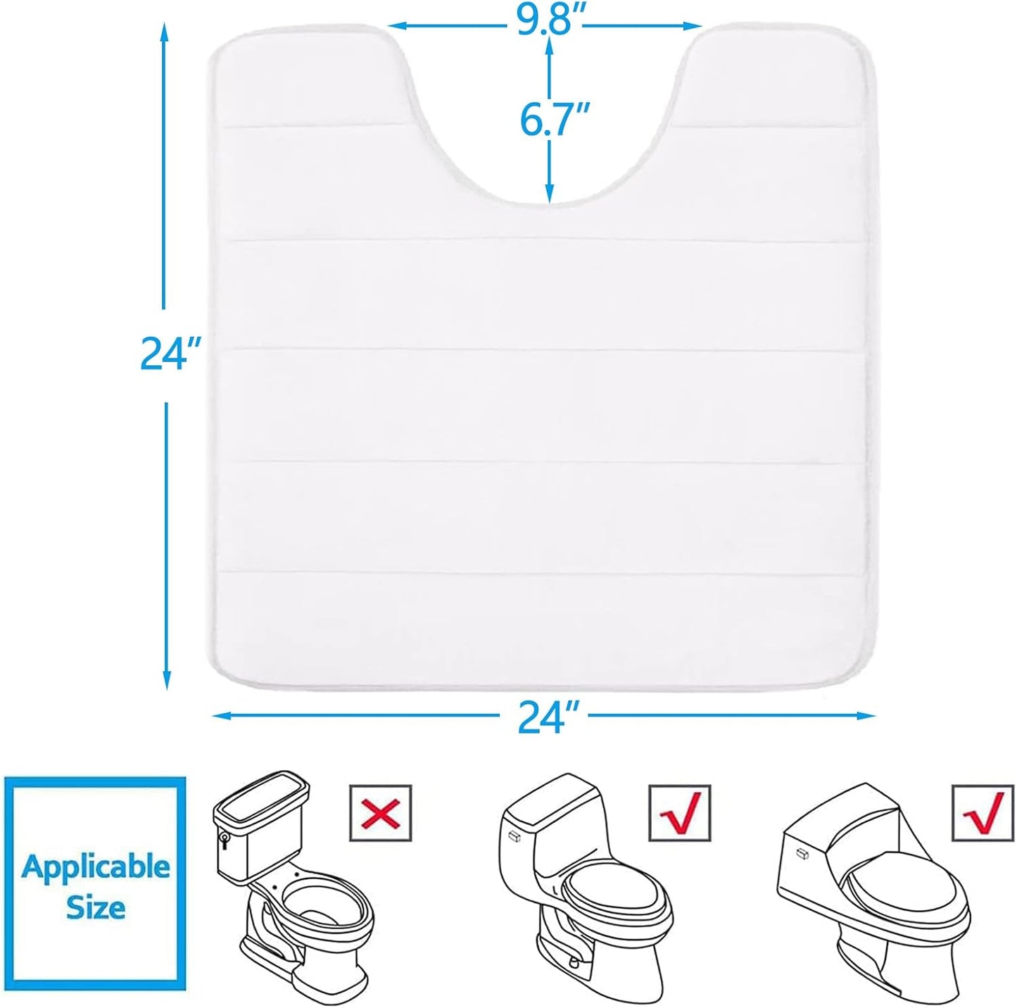 Buganda Memory Foam U-Shaped Contour Toilet Rugs, Non Slip Absorbent, Thick Soft Washable Bathroom Mat, Floor Carpet Bath Rugs Mat for Toilet Base (24" x 24", White)