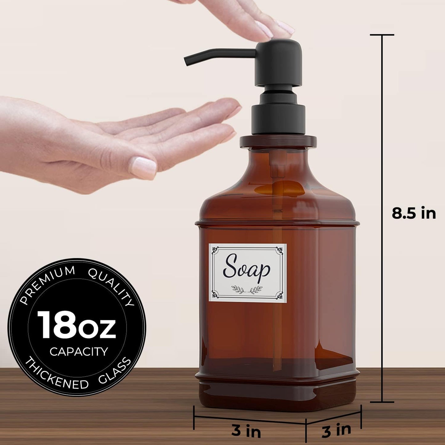 GLADPURE Soap Dispenser 2 Pack, Hand Soap Dispensers with 18 Oz Antique Design Thick Amber Glass Bottle, 316 Rust Proof Stainless Steel Black Pump, 6Pcs Stickers, for Lotion, Soap, Essential Oil