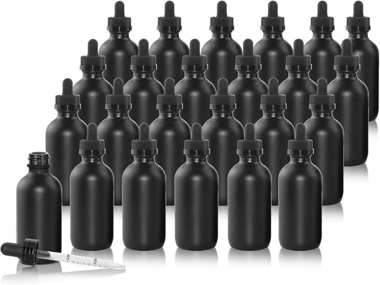 24 Pack Frosted Black Dropper Bottles, 2oz/60ml Glass Tincture Bottles with Measured Eye Dropper, Leak Proof Travel Bottles for Essential Oils/Chemistry Lab Chemicals/Colognes & Perfumes
