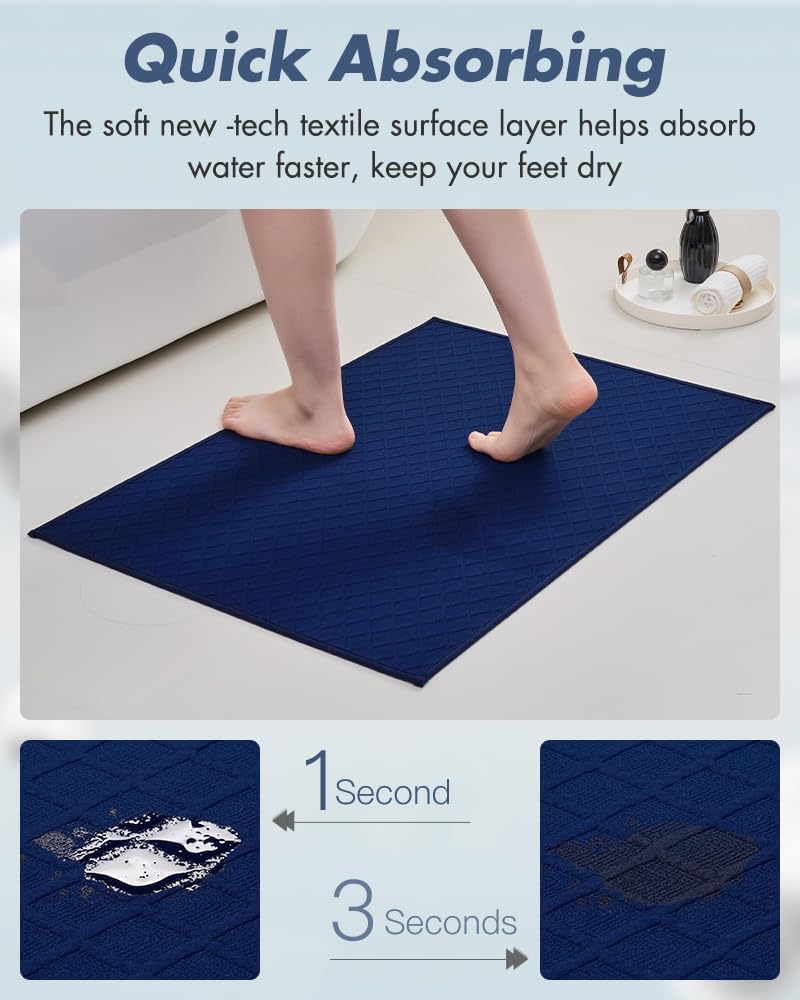 AMOAMI Ultra Thin Bathroom Rugs, Rubber Backed Bath Mats for Bathroom Non Slip, Absorbent Bathroom Mat for Floor, Shower, Sink(16"x24", Blue) Visit The Store