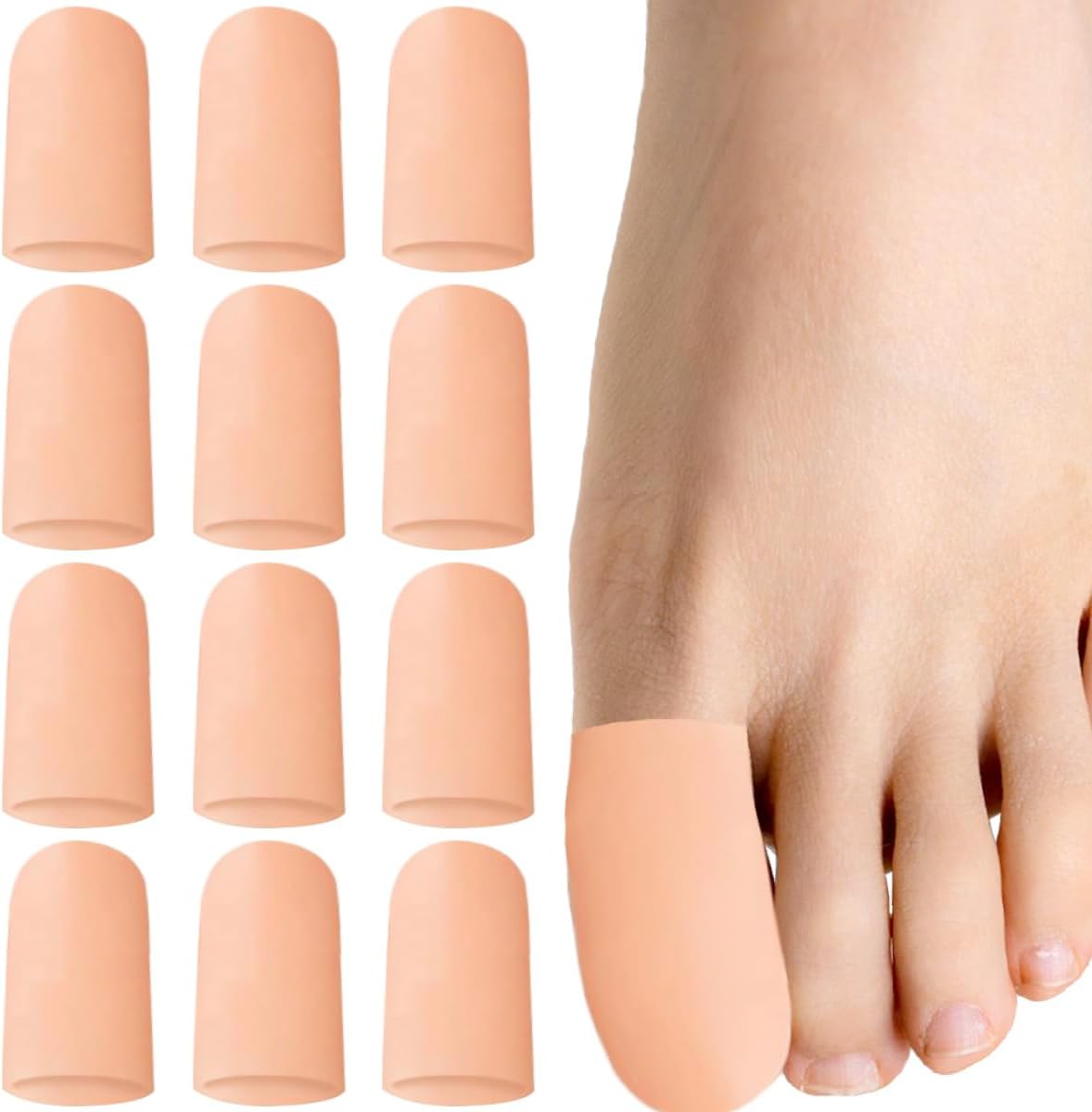 12 Pack Gel Toe Caps and Protectors, Silicone Toe Protectors for Missing or Ingrown Toenails Toe Caps and Sleeves for Shoes Protect Toe from Rubbing and Friction (Large, Beige)