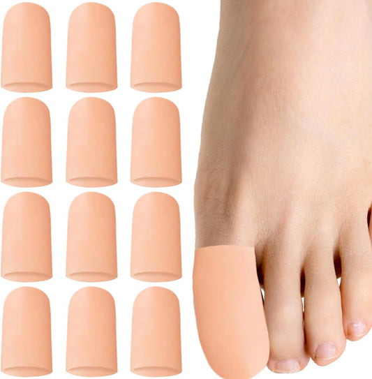 12 Pack Gel Toe Caps and Protectors, Silicone Toe Protectors for Missing or Ingrown Toenails Toe Caps and Sleeves for Shoes Protect Toe from Rubbing and Friction (Large, Beige)