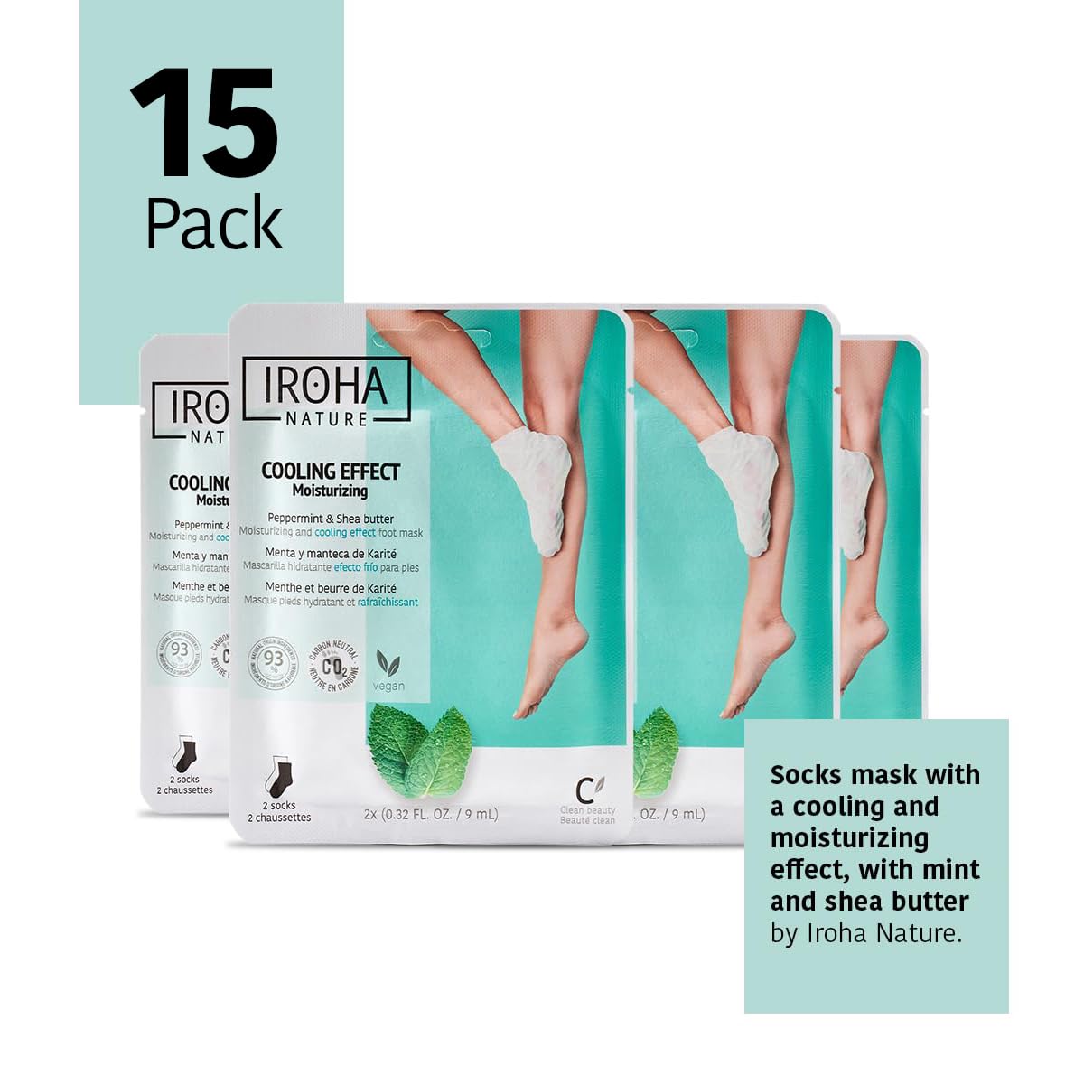 IROHA NATURE Relaxing Foot Mask Socks | 15 Pairs | Peppermint & Shea Butter | Intensive Treatment for Tired Feet | Cooling Effect | Natural & 100% Vegan | Moisturizing Foot Mask