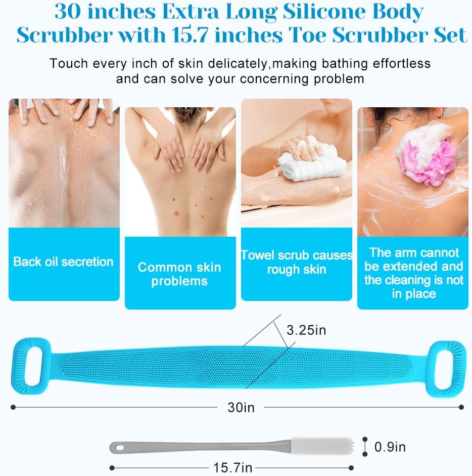 Inmorven Back Scrubber for Shower, 30" Double-Sided Back Brush with 15.7" Long Handle Toe Cleaning Brush, Silicone Foot Scrubber for Exfoliating and Massaging Feet
