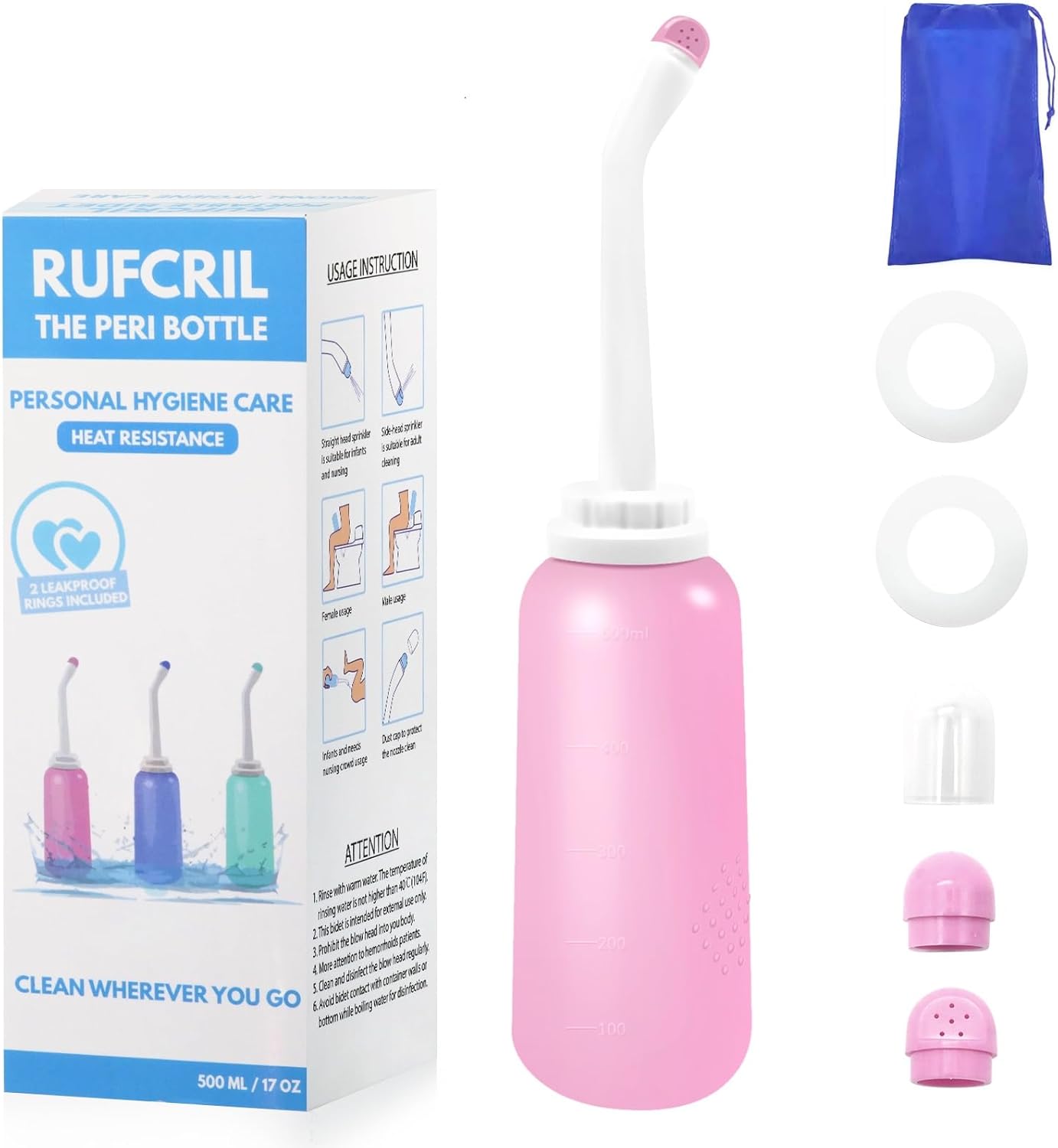 RUFCRIL Peri Bottle, Portable Travel Bidet with Bag, TPE Material Can Be Boiled, 17oz/500ml with 2 Sealing Rings,Essentials for Postpartum Perineal Care,Hemorrhoid Treatment,and Baby(Pink)