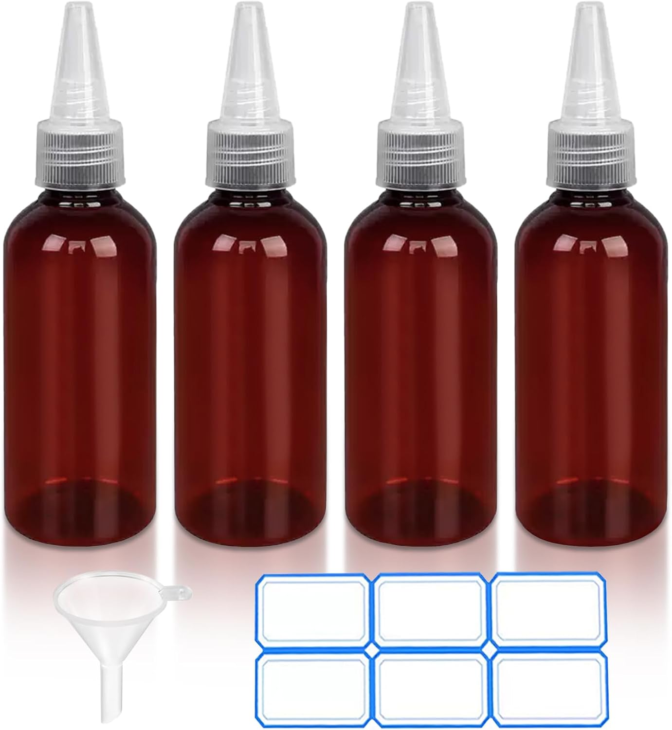 4 Pack 1 Oz (30ml) Amber Plastic Essential Oil Bottles with Funnel, Labels for Liquid Storage - No Droppers Needed