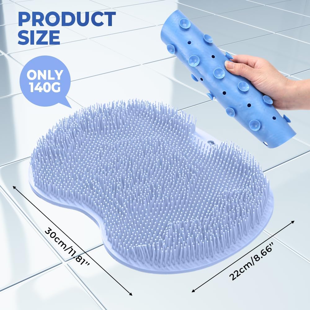 Shower Foot Scrubber Mat with Non-Slip Suction Cups, Non Slip Bathtub and Shower Mat with Suction Cups and Drain Holes, Foot Back Cleaning Pad Back Washer Exfoliating Bath Wash Pad (Blue)