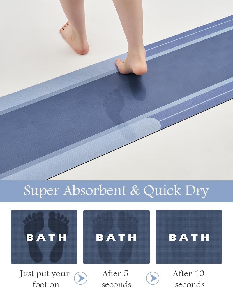 MontVoo-Bath Mat Rug Long Non Slip Super Absorbent Bathroom Runner Stain Resistant Quick Dry Thin Bathroom Mat Fit Under Door-17"x70",Navy