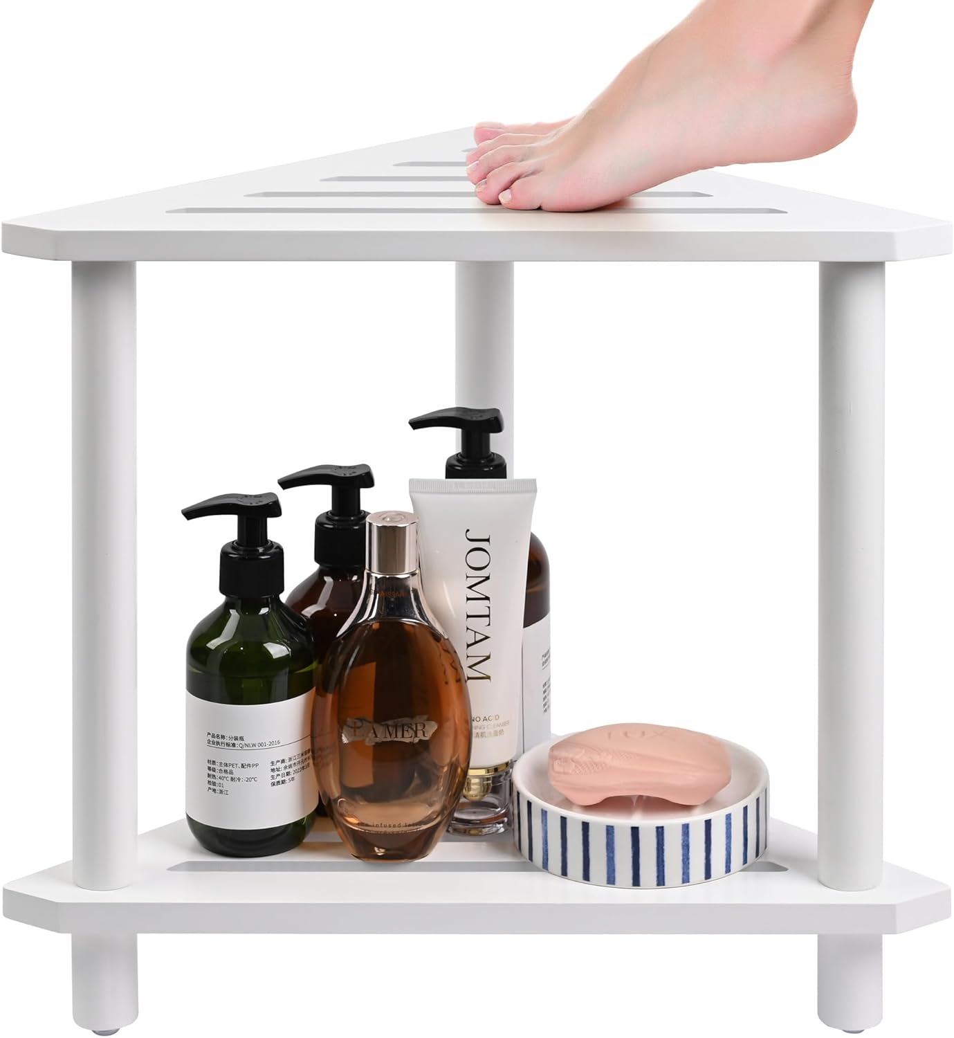Bamboo Corner Shower Stool for Shaving Legs, 2-Tier Shower Stool for Inside Shower, Shower Foot Stool with Storage Shelf(White)