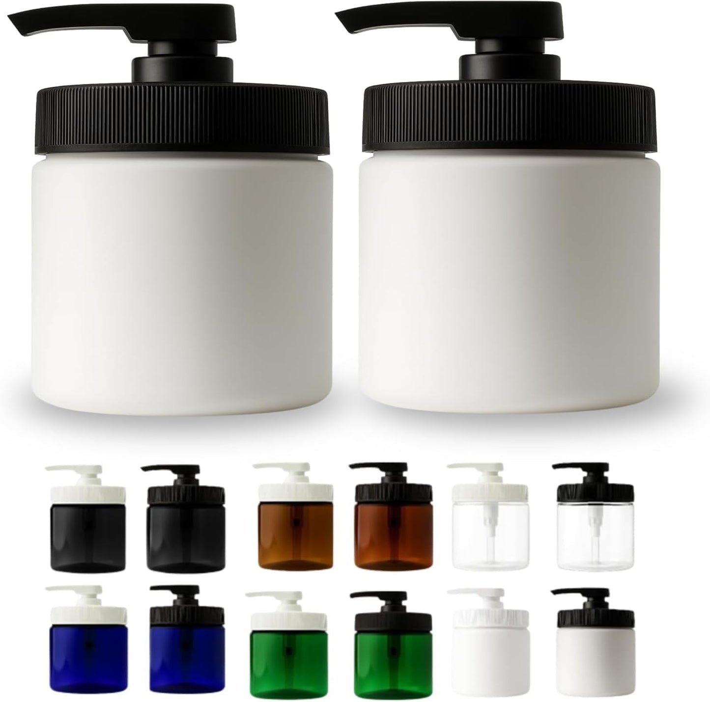 Royal Massage 16oz Refillable Pump Jar with Locking Dip Tube Dispenser – BPA-Free Plastic Container for Massage Oils, Lotions, Creams – Ribbed Lid Wide-Mouth Jar – Durable & Reusable (White/Black, 2)
