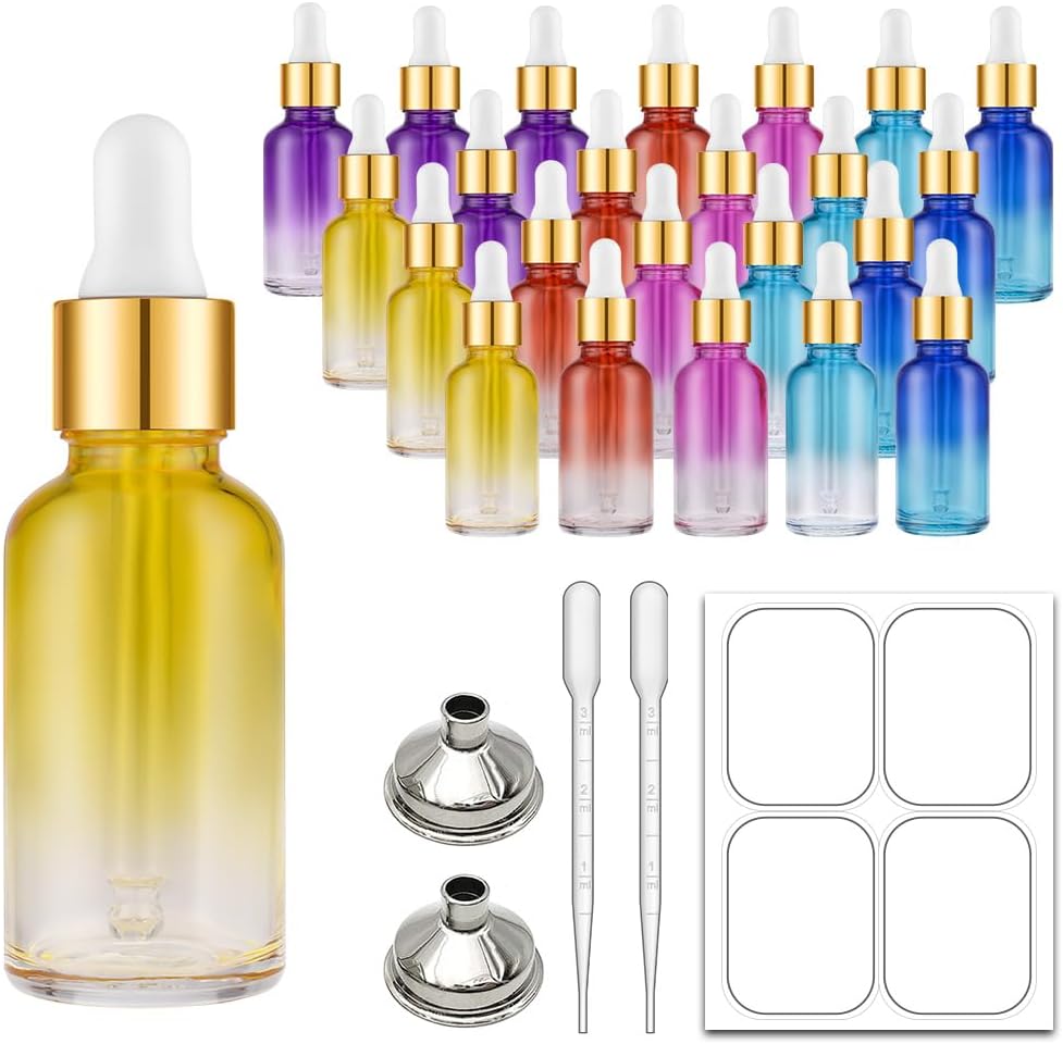 Bumobum 2 oz Dropper Bottle, Glass Eye Dropper Bottles with Golden Top Cap for Essential Oils, 24 Pack Tincture Bottle with Labels and Funnel